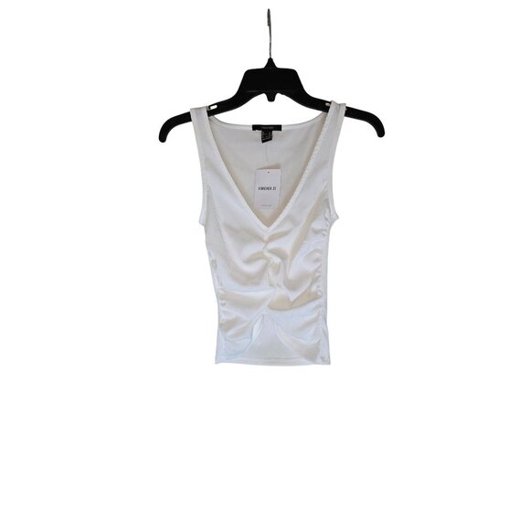 Ribbed White Ruched V-Neck Sleeveless Tank Top X-Small Forever 21 - Picture 1 of 6